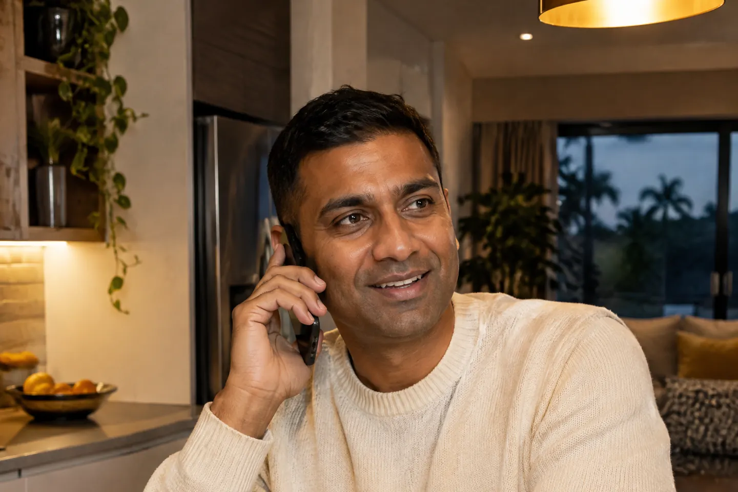 A man on a phone call at home