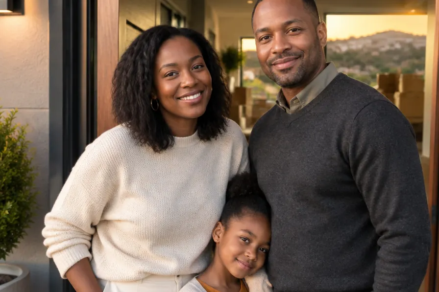 A family at the front door of their new home