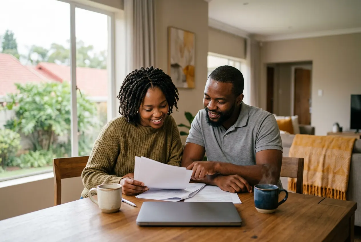 A couple reading home loan papers at a dining table